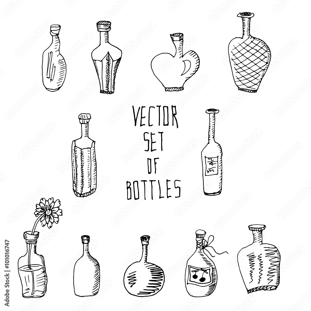 Hand drawn vector sketch. Set of bottles.Ink illustration. Hand drawn vector sketch. Set of bottles.Ink illustration.