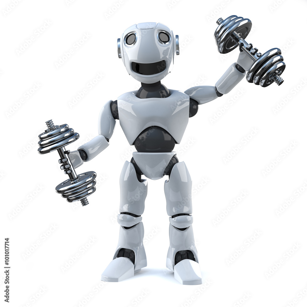 3d Robot works out with dumbell weights 3d Robot works out with dumbell weights