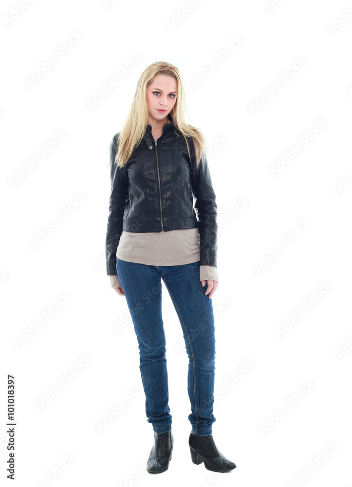beautiful blonde woman wearing leather jacket and blue jeans, standing pose. isolated on white background. beautiful blonde woman wearing leather jacket and blue jeans, standing pose. isolated on white background.