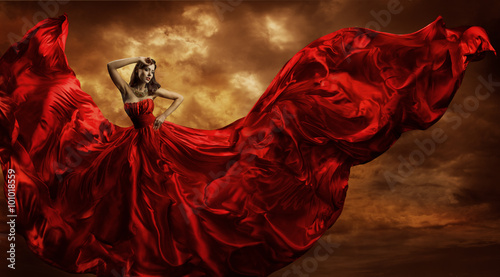 Woman Red Dress Flying Silk Fabric, Fashion Model Dance in Storm