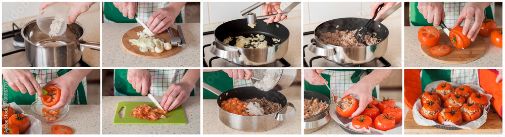 Fotografie A Step by Step Collage of Making Stuffed Tomatoes