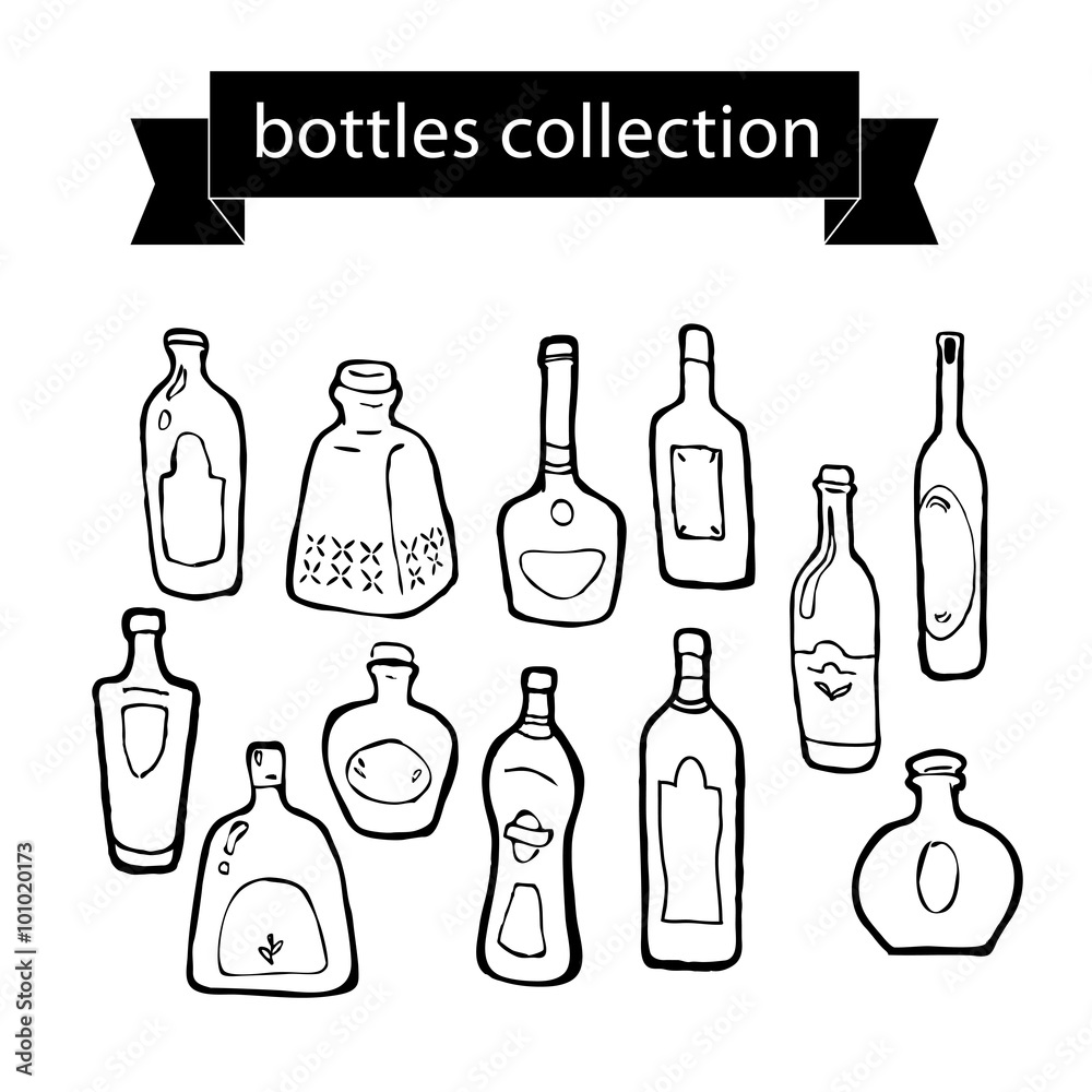 Fototapeta premium Hand drawn black stroked alcohol bottles collection.