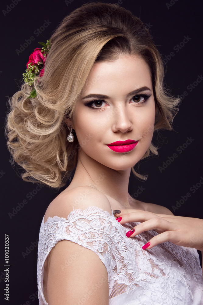 beautiful blond girl in image of the bride with purple flowers on her head. Beauty face. beautiful blond girl in image of the bride with purple flowers on her head. Beauty face.