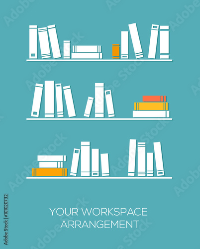 Shelves with books in flat design style.
