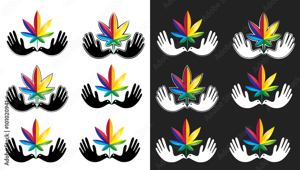 Fototapeta premium Cannabis marijuana green leaf and peaceful dove symbol vector illustration