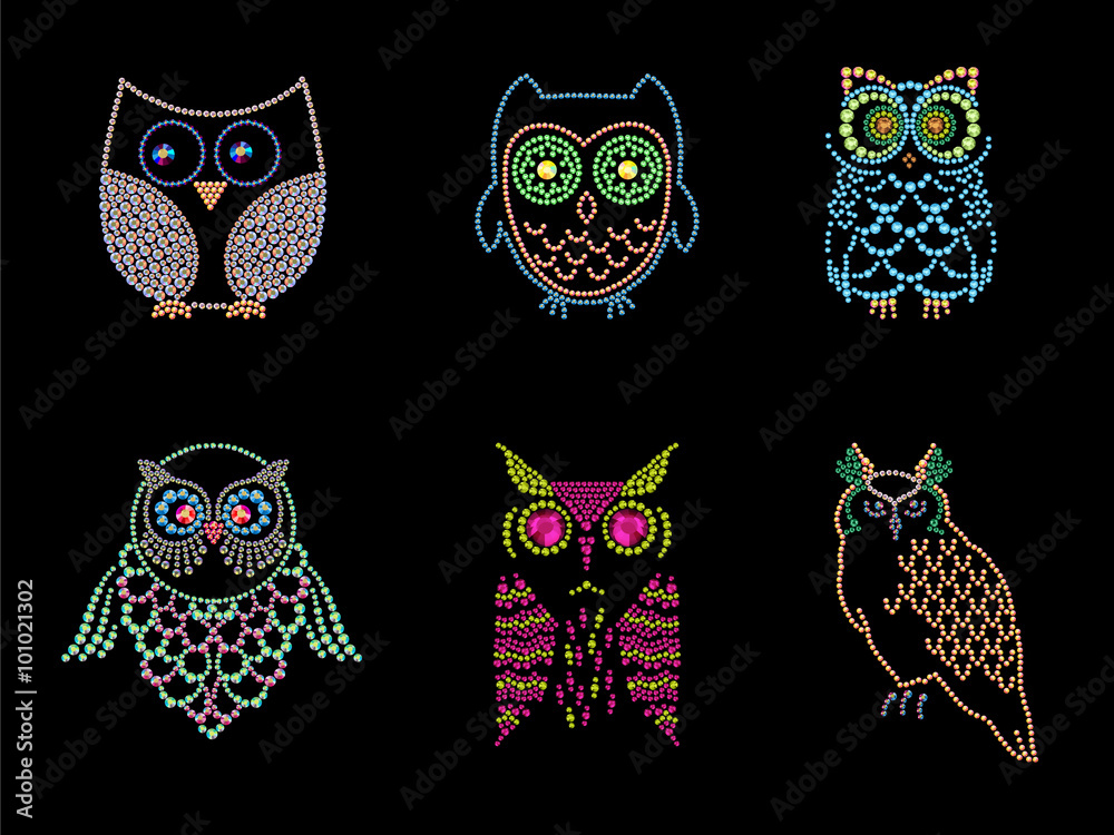 Obraz premium Collection of different owl characters made with colorful rhinestones on black background.