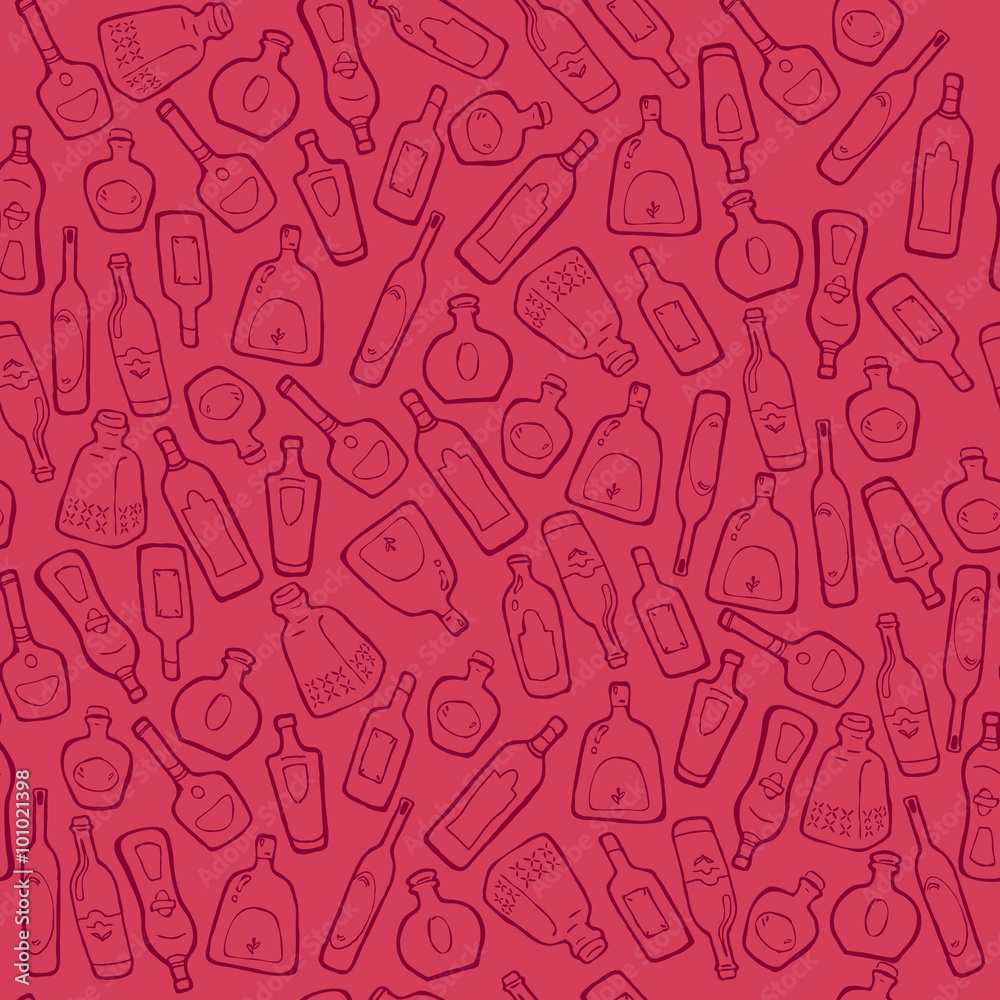 Abstract seamless pattern with hand drawn alcohol splattered bottles on pink backdrop.