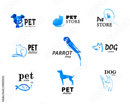 Set of watercolor animal logo ixolated on white background. Hand drawn blue colored logo design for pet industry. Cute animal illustrations. photo