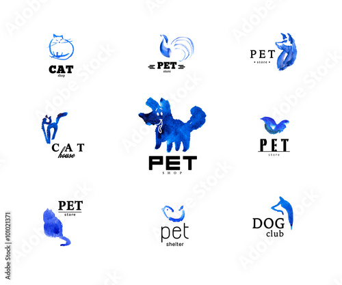 Set of watercolor animal logo ixolated on white background. Hand drawn blue colored logo design for pet industry. Cute animal illustrations. photo