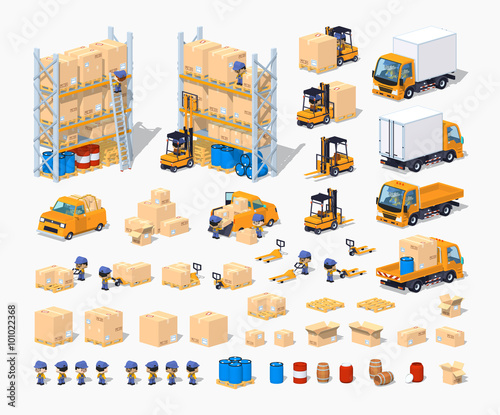 Warehouse. 3D lowpoly isometric vector illustration. The set of objects isolated against the white background and shown from different sides