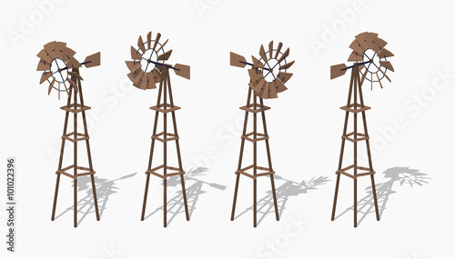 Old wind turbine. 3D lowpoly isometric vector illustration. The set of objects isolated against the white background and shown from different sides