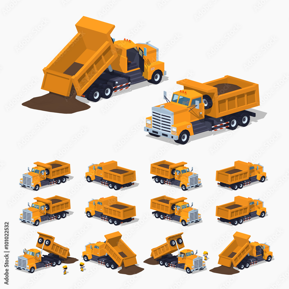 Naklejka premium Loaded orange dumper. 3D lowpoly isometric vector illustration. The set of objects isolated against the white background and shown from different sides