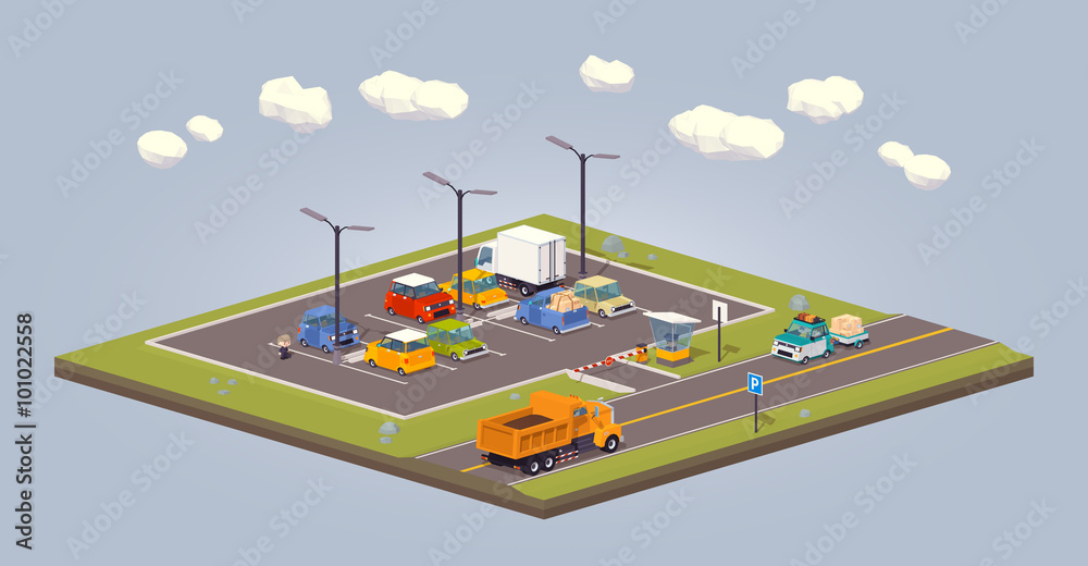 Suburban parking lot. 3D lowpoly isometric vector concept illustration suitable for advertising and promotion