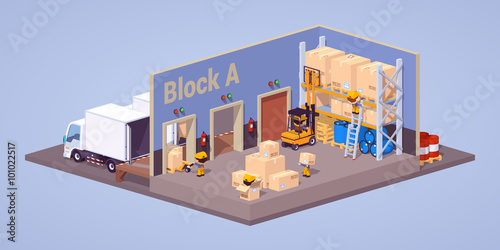 Modern warehouse interior. 3D lowpoly isometric vector concept illustration suitable for advertising and promotion