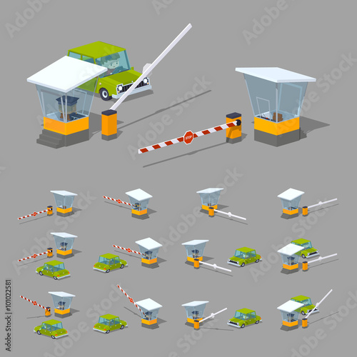 Barrier, booth and green car. 3D lowpoly isometric vector illustration. The set of objects isolated against the grey background and shown from different sides