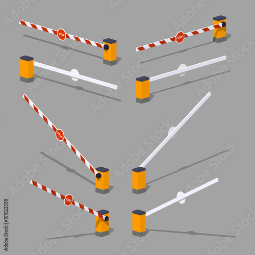 Automatic barrier with stop sign. 3D lowpoly isometric vector illustration. The set of objects isolated against the grey background and shown from different sides