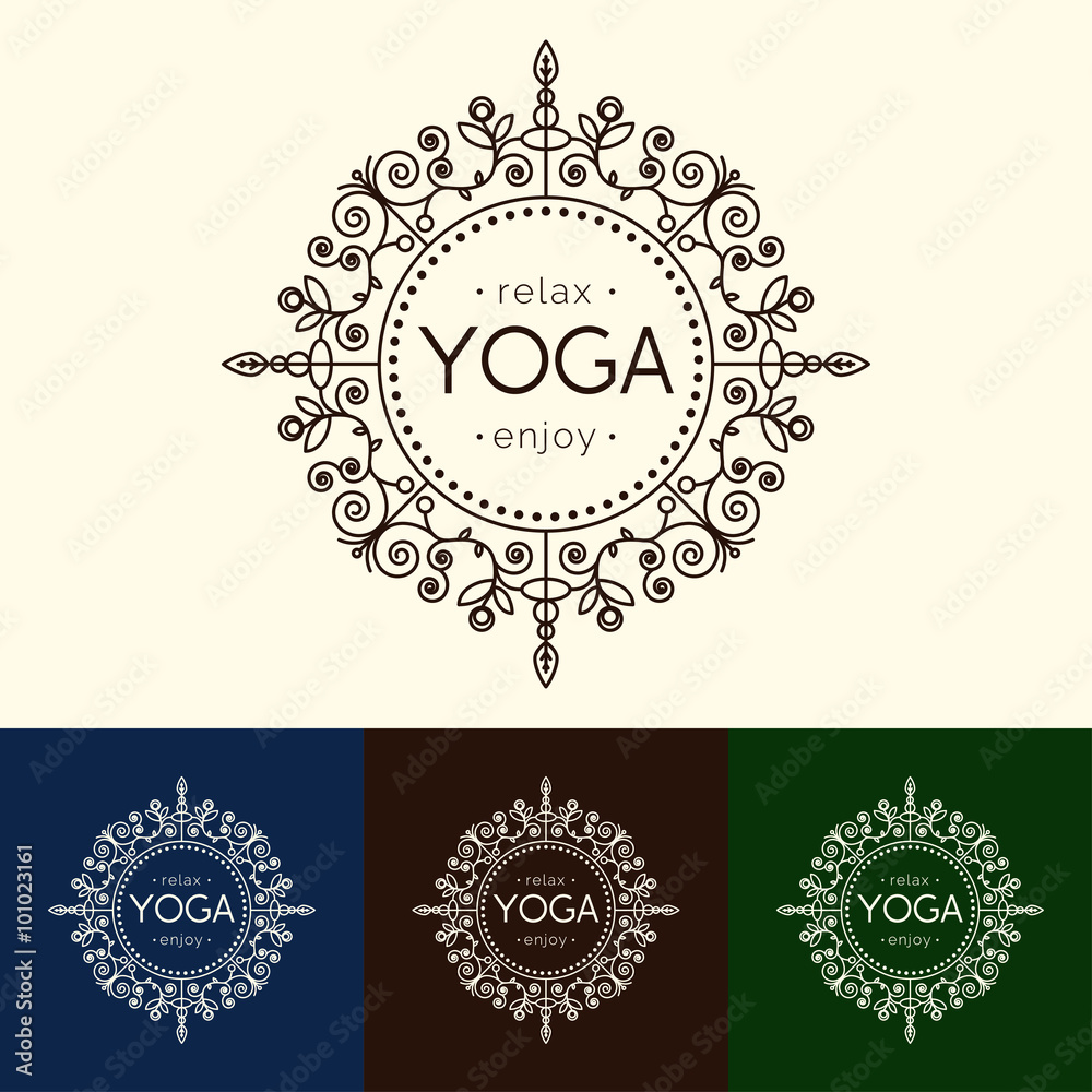 Vector yoga illustration.Elegant yoga emblem with floral ornament. Professional identity design for yoga studio, yoga center or class. Logotype for SPA, beauty salon, ayurveda clinic in luxury style. Vector yoga illustration.Elegant yoga emblem with floral ornament. Professional identity design for yoga studio, yoga center or class. Logotype for SPA, beauty salon, ayurveda clinic in luxury style.