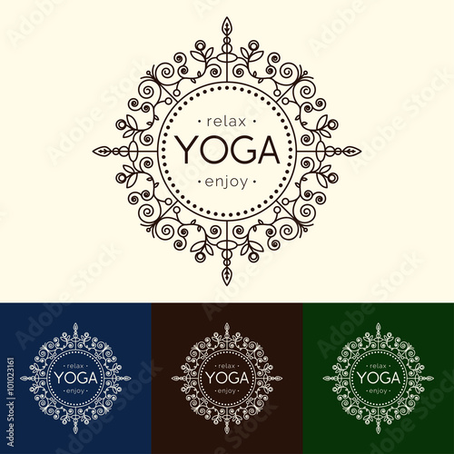 Vector yoga illustration.Elegant yoga emblem with floral ornament. Professional identity design for yoga studio, yoga center or class. Logotype for SPA, beauty salon, ayurveda clinic in luxury style.