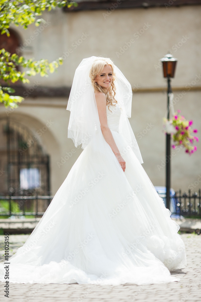 elegant stylish gorgeous blonde bride on the background old city