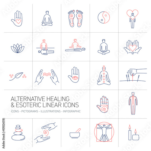 alternative healing and esoteric linear icons set blue and red o