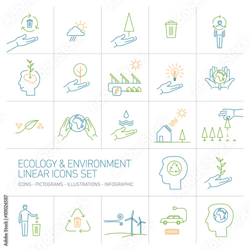 ecology and environment colorful vector icons set on white backg