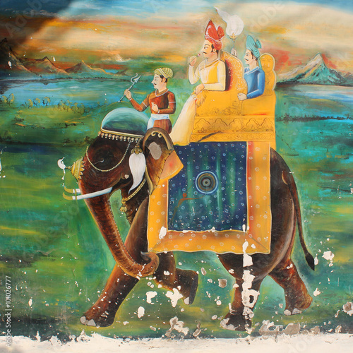 Inde / Fresque avec maharaja à dos d'éléphant photo