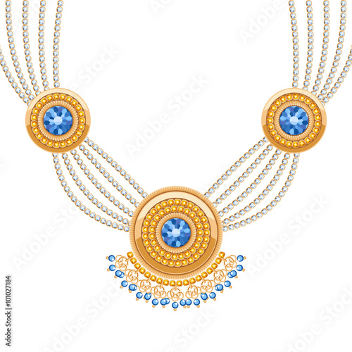 Golden round pendants necklace with jewelry gemstones on diamond chains.