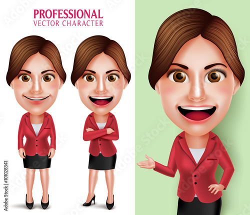 Set of 3D Realistic Good Looking Professional School Teacher or Businesswoman Vector Character Smiling Crossed Arms while Talking Isolated in White Background. Vector Illustration
