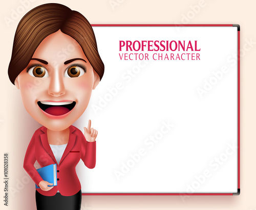 3D Realistic Good Looking Professional School Teacher Vector Character Smiling Holding Books while Teaching Lessons in Empty White Board. Vector Illustration
