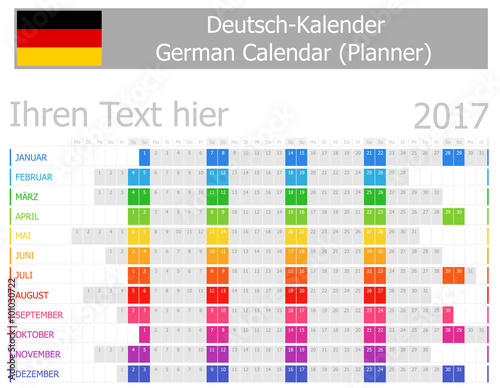 2017 German Planner Calendar with Horizontal Months on white background