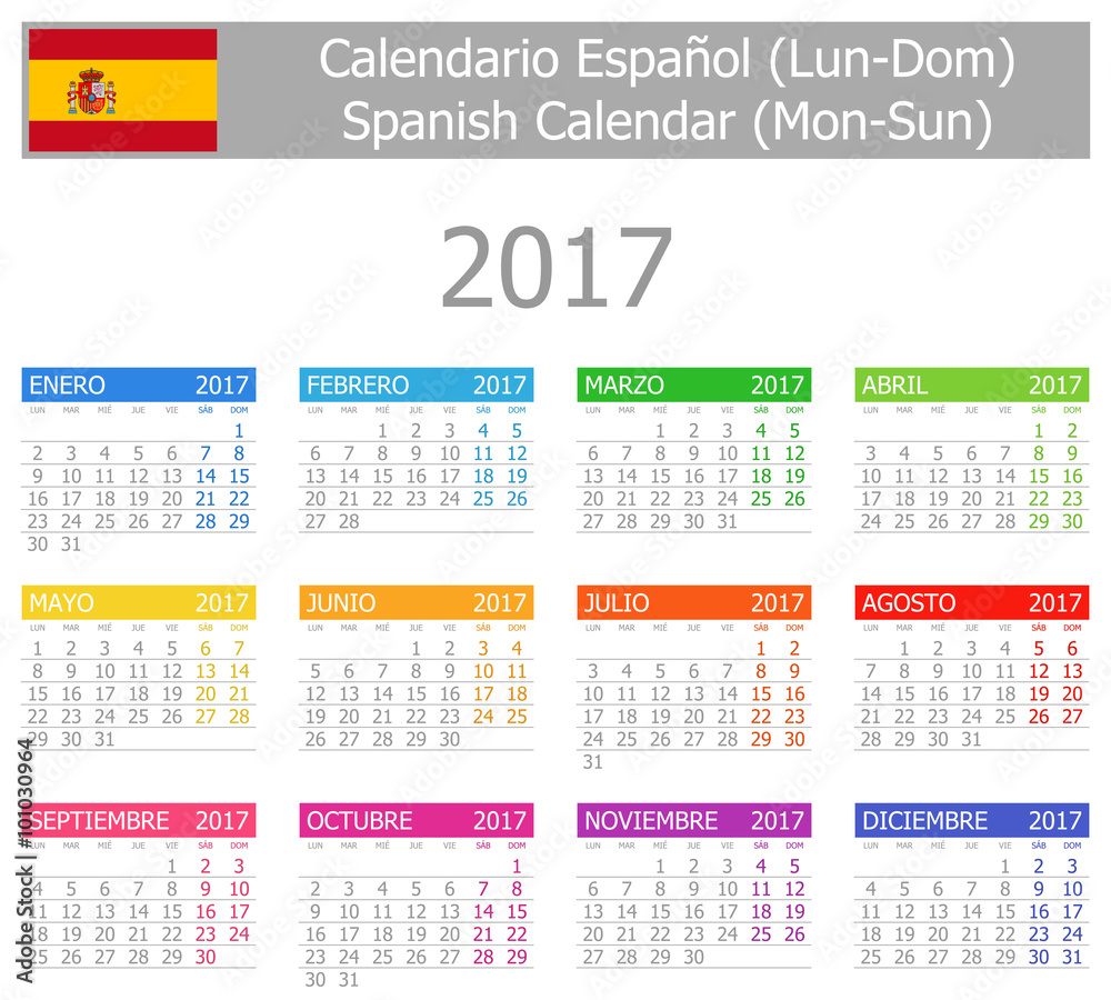 2017 Spanish Type 1 Calendar Mon Sun On White Background Stock Vector Adobe Stock