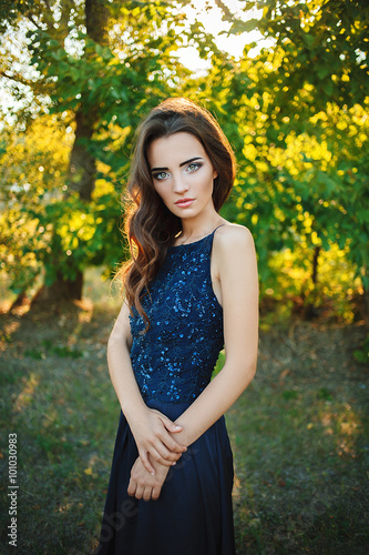 beautiful girl in an elegant blue dress