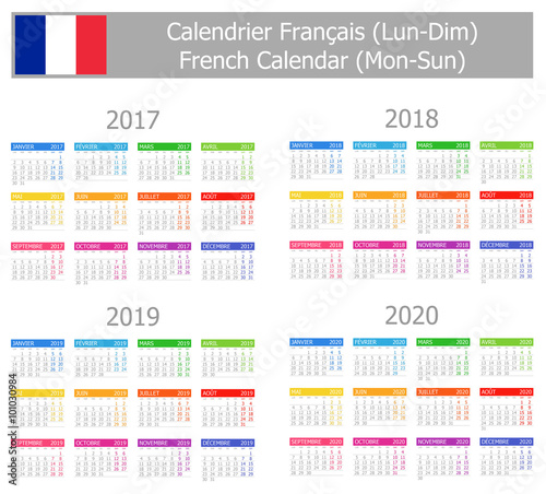 2017-2020 French Type-1 Calendar Mon-Sun on white background