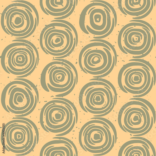 Vector Seamless Hand Drawn Geometric Lines Circular Round Tiles Retro Grungy Green and Tan Color Pattern