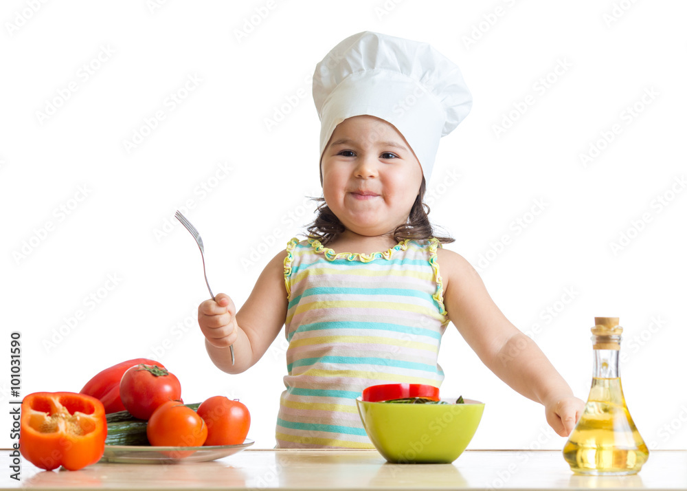 child girl chef cook with fresh vegetables, healthy eating concept child girl chef cook with fresh vegetables, healthy eating concept
