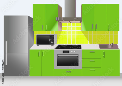 Modern green kitchen interior with refrigerator, microwave and stove. Vector illustration