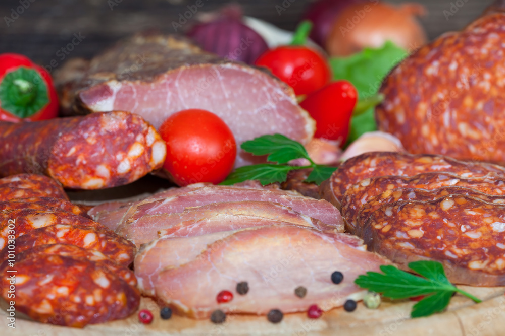 Italian salami meat platter - prosciutto ham, salami and sausage