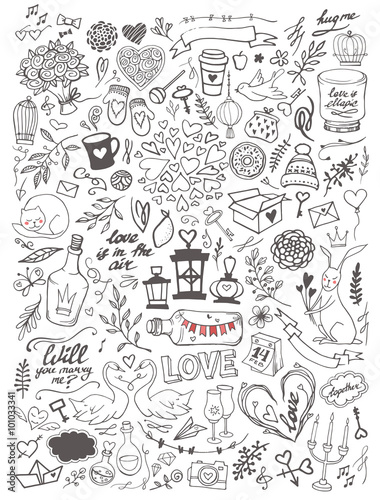 Valentine's day elements doodle set