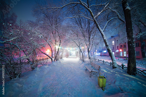 Winter landscape, night alley with bench. Beautiful light and atmosphere. The pathway creates depth in this image allowing viewers eye to progress into scene. Winter wonderland, nice mood and colors.