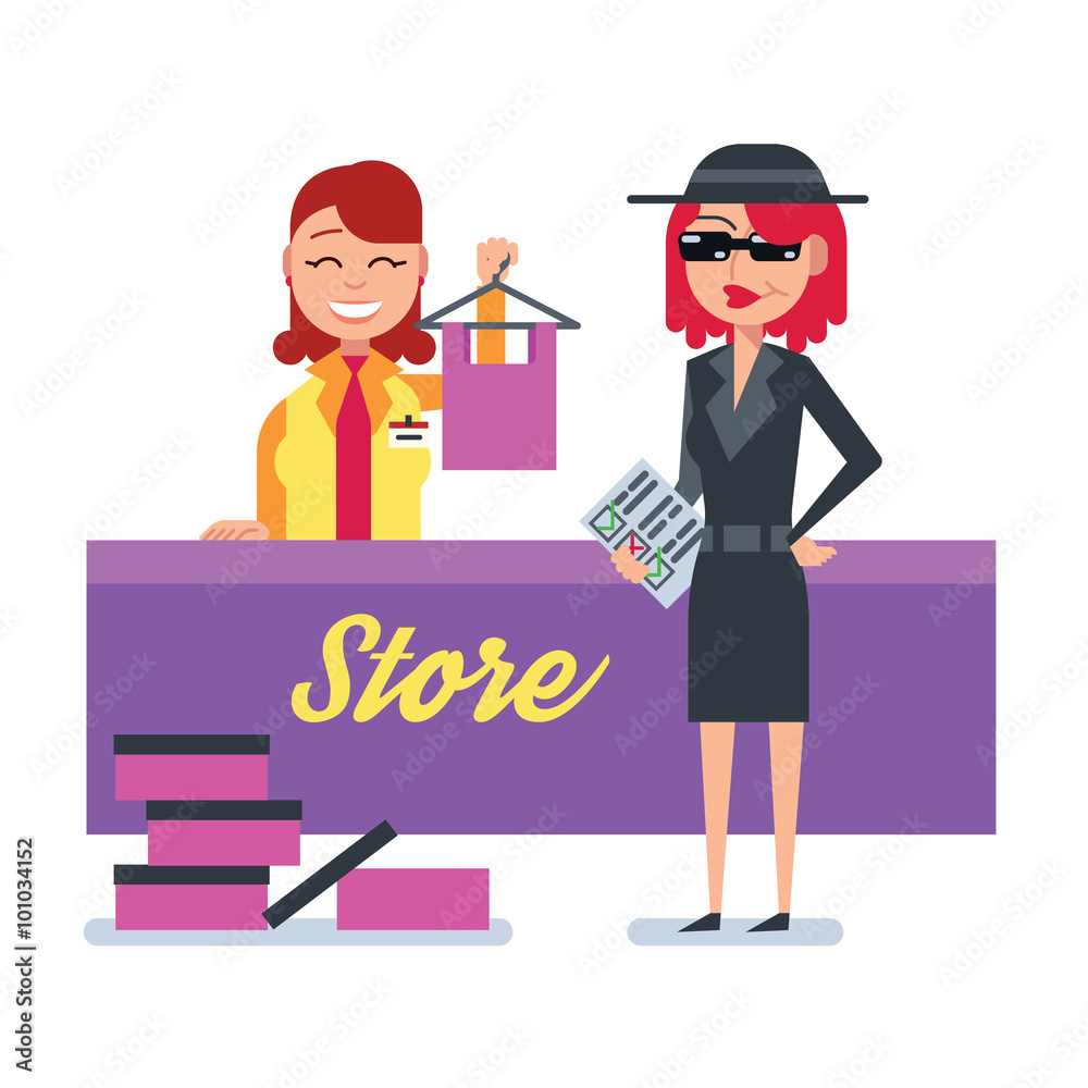 Mystery shopper woman in spy coat checks clothing store Mystery shopper woman in spy coat checks clothing store