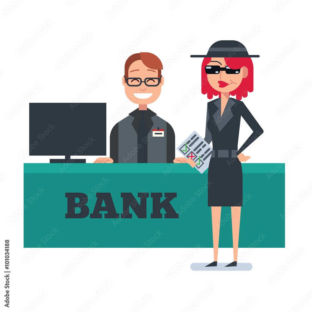 Mystery shopper woman in spy coat checks bank