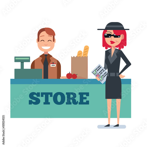 Mystery shopper woman in spy coat checks grocery store