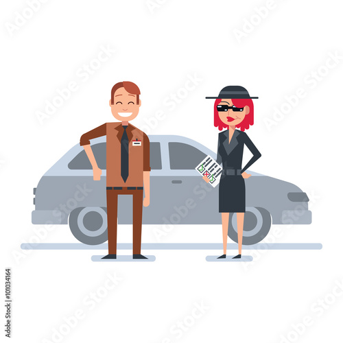 Mystery shopper woman in spy coat checks car dealer