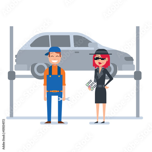Mystery shopper woman in spy coat checks car mechanic