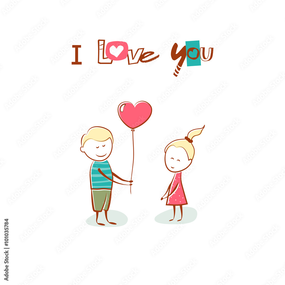 Valentine's Day. Boy gives the girl a balloon heart. Text I Love You. Hand drawn card. Valentine's Day. Boy gives the girl a balloon heart. Text I Love You. Hand drawn card.