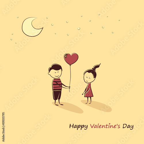 Doodle lovers: a boy and a girl with a balloon heart. Text Happy Valentine's Day.