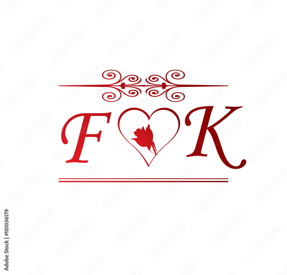 FK love initial with red heart and rose Stock Vector | Adobe Stock