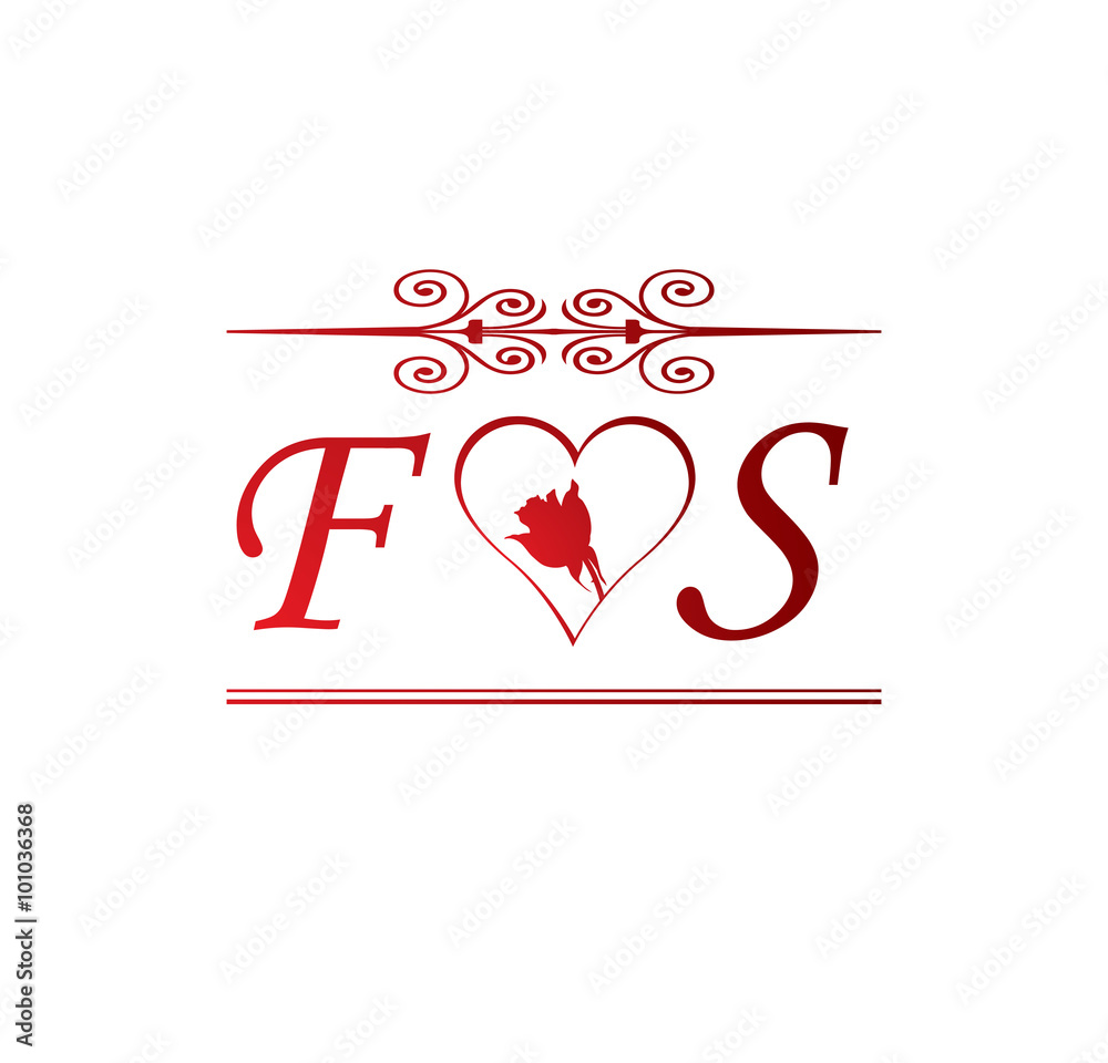 FS love initial with red heart and rose Stock Vector | Adobe Stock