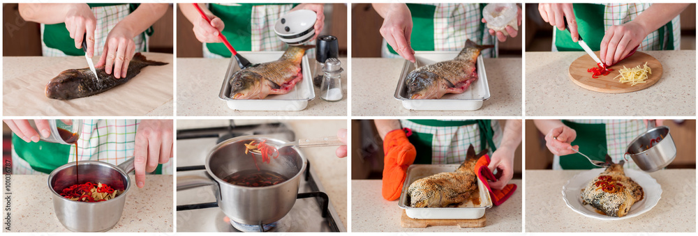 A Step by Step Collage of Making Asian Style Baked Carp
