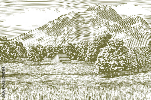 Woodcut-style illustration of a farm and barn with a mountain in the background.